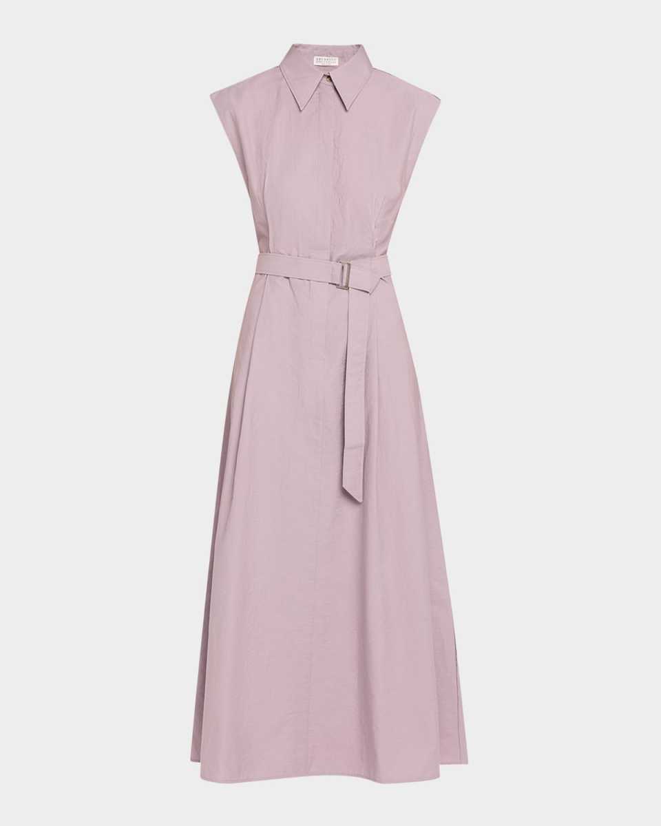 Cap-Sleeve Belted Crispy Cotton Midi Shirtdress